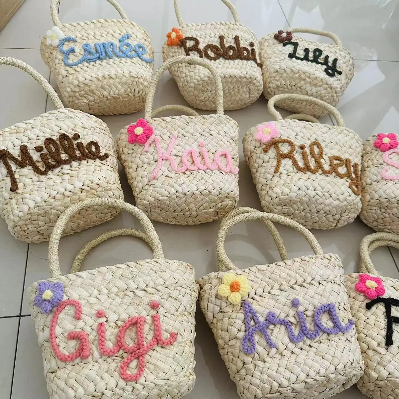 Custom Name Straw Beach Tote Bags For Women Luxury Designer Handbags Personalized  Purses Handmade Weave bag for Flower Girl