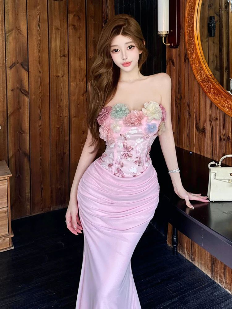 Elegante Vestido Largo de Red con Encaje, Sexy y Ajustado, sin Tirantes, con Cola de Pez, para Mujeres en su Auge