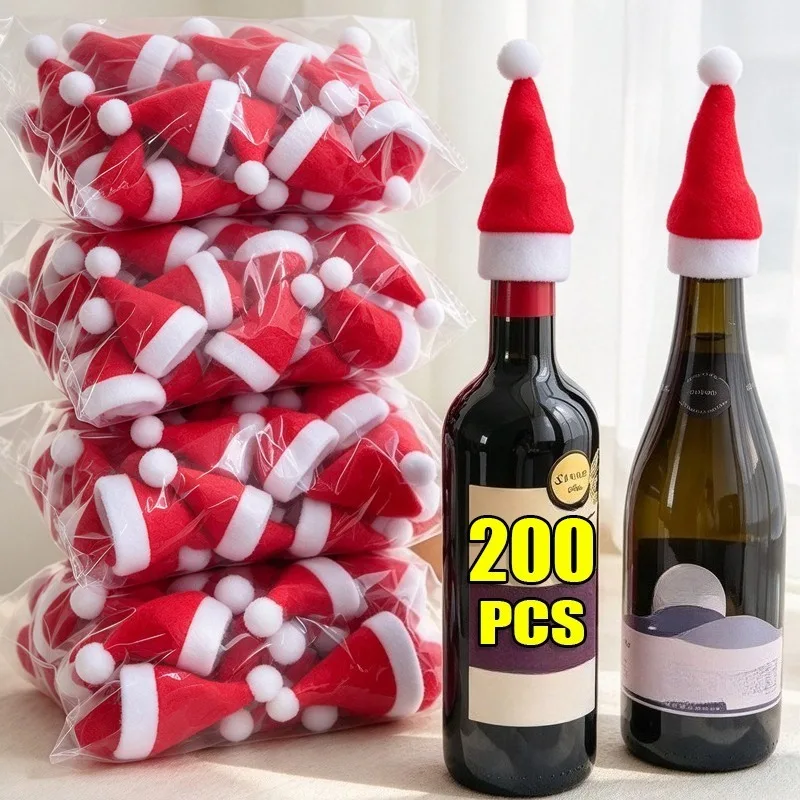 Mini Santa Hat Wine Bottle Candy Christmas Red Hats with White Pompom Xmas Decor Table Holiday Party Ornaments Gift Wrap Decor