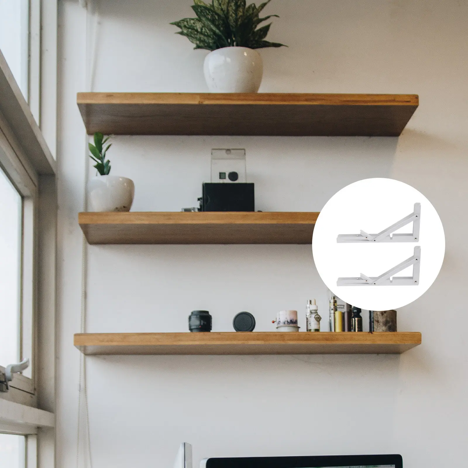 

2Pcs 8 Inch Folding Shelf Bracket Stainless Steel Triangle Wall Mounted L Shaped Heavy Duty Support for Space Saving Storage