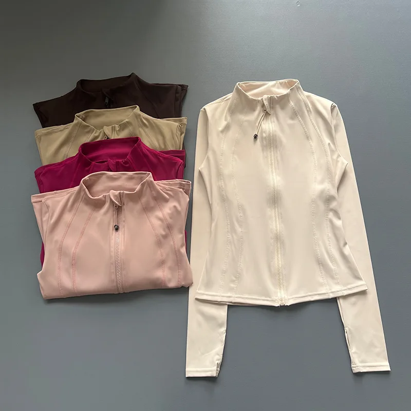 Yoga Gym Running Women's Zip Up Slim Fit Jacket Long Sleeve Stand Collar Solid Color Stretch Breathable Athletic Outerwear