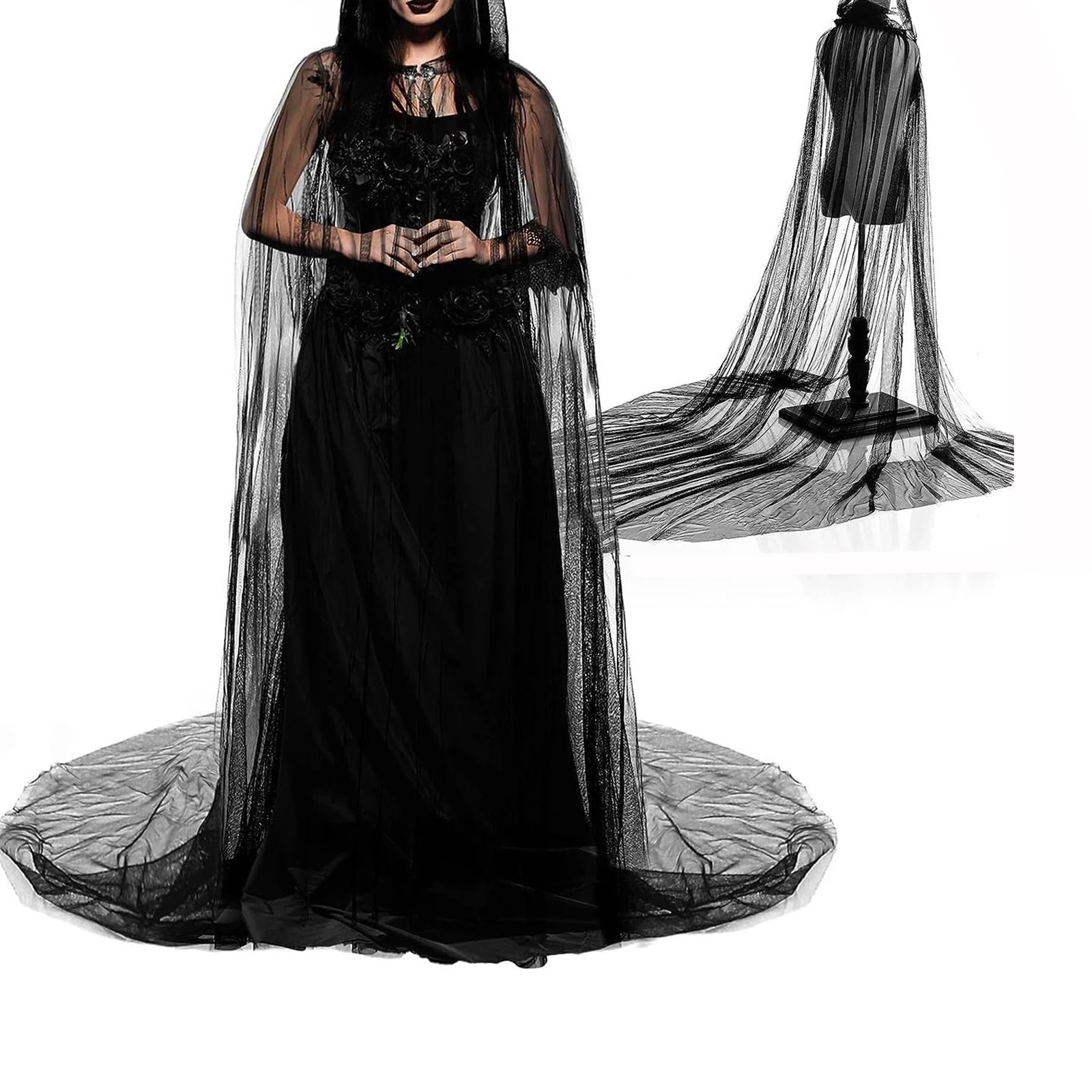 

Halloween Witch Lace Transparent Cloak Black White Bridal Wedding Chiffon Cloak Gothic Hooded Cape 200cm Long