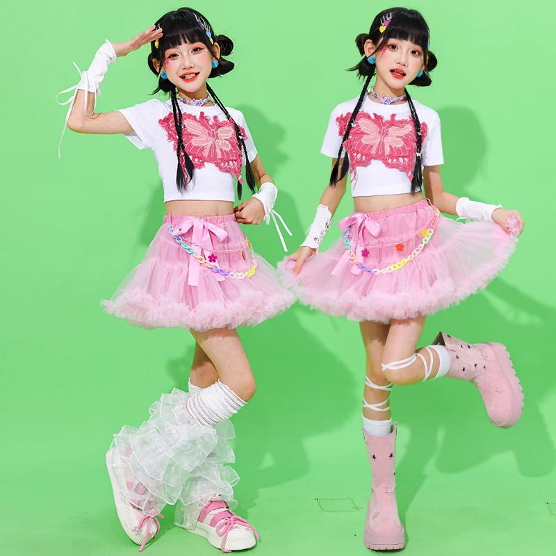 Menina hip hop roupas lantejoulas colheita topos rosa tutu saias criança k-pop streetwear criança jazz menina grupo roupas de dança de rua conjunto