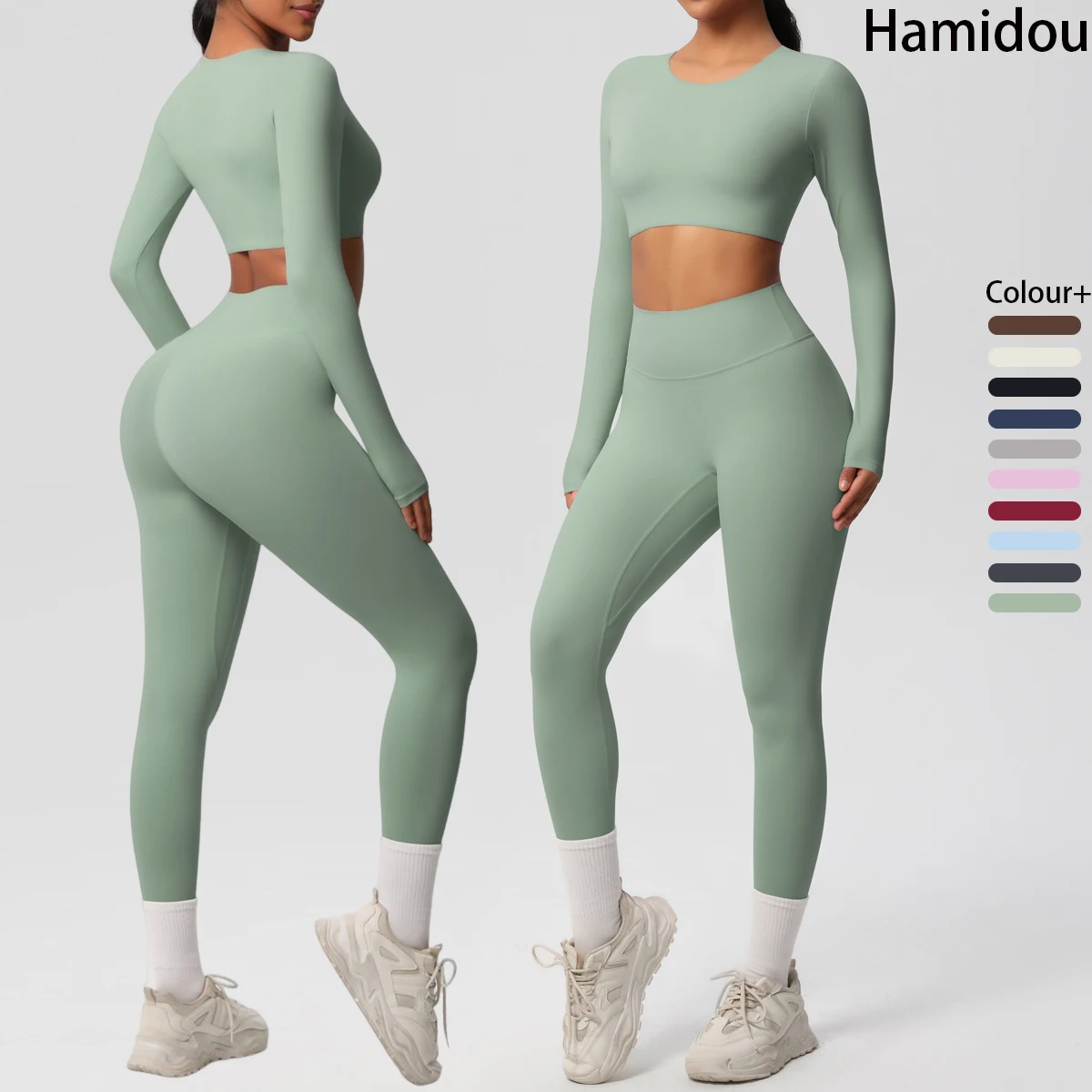 

Women's Solid Colour Nylon Long Sleeve Long Pants Yoga Set Gym High Stretch Slimming Exercise Top Outdoor Cycling Tummy