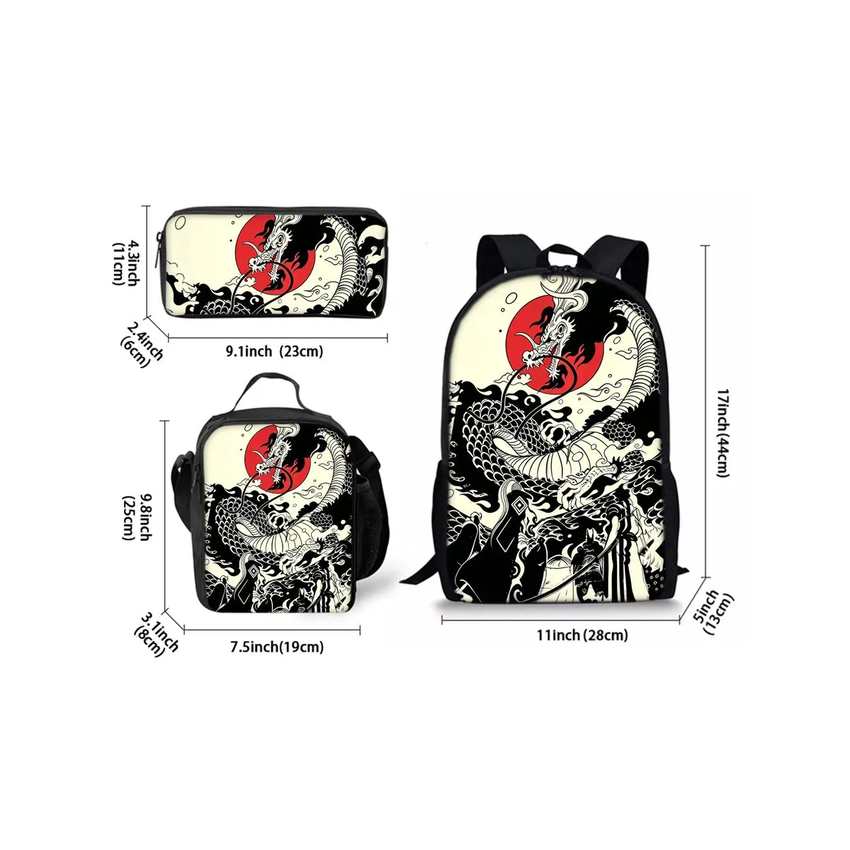 Chinese Divine Dragon Print Three Piece Backpacks Set for Boy and Girls Best Gifts 2D Flat Cartoon School Bag for Children