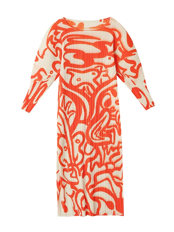 Ele Batwing Sve Dr Saia midi com estampa vintage Cintura elástica Camada de base plissada Vestido longo Sve redondo Ne H-ape