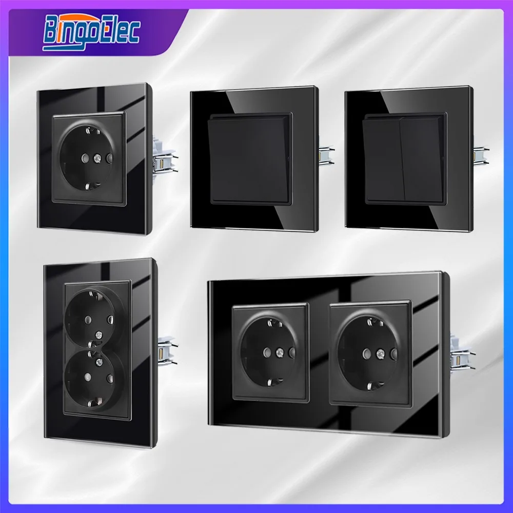 EU Standard Double Power Socket Light Switch,USB Wall Sockets Wall Outlet with Grounded,Black Glass Panel 16A 220V