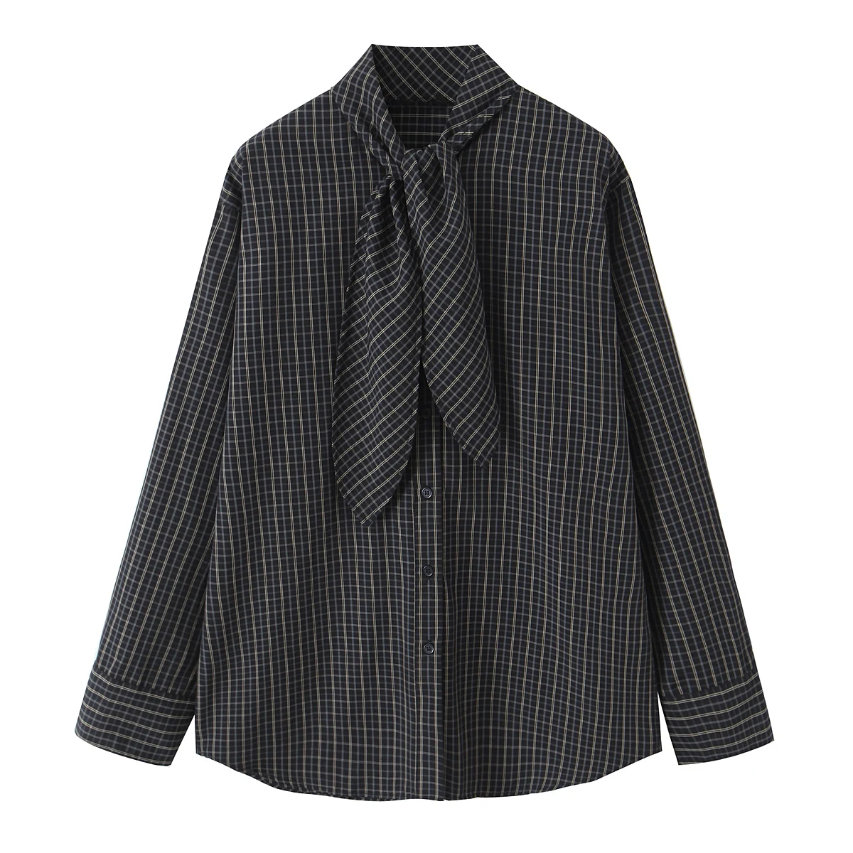 DUOPERI Women's With Bow Plaid Single Breasted Blouse Scarf Collar Long Sleeves Female Elegant Chic Lady Shirts