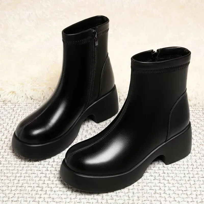 

5.5cm Fashion Elegant Comfortable Soft Leather Short Boots 2024 Fall Winter Med Square Heels Warm Fur Ankle Boots Office Mom