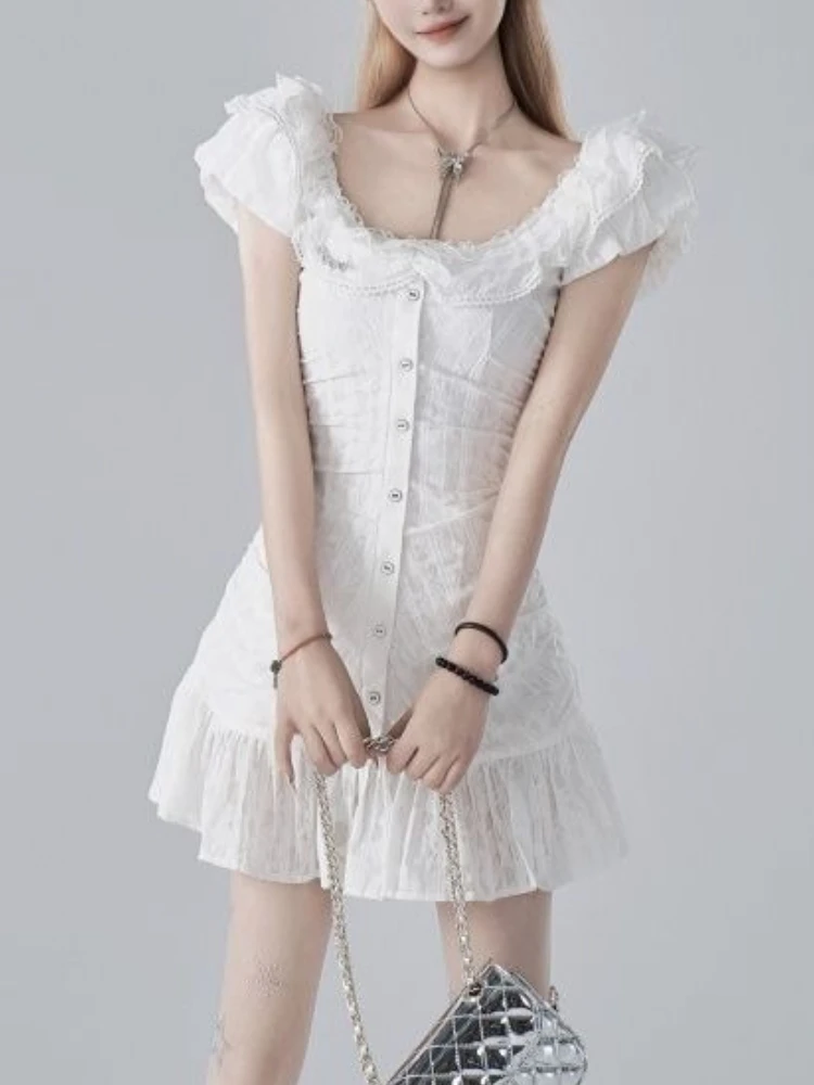 Zoete Witte Vierkante Kraag Mini Jurk Vrouwen Fee Bodycon Chic Design Jurk Japanse Kawaii Vliegende Mouw Avondfeest Jurk Nieuw