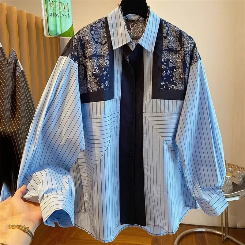 Spring Autumn Women\'s Shirt 2024 New Fashion Loose Leisure Blouse Printing Stripe Join Together Cardigan Blue Overcoat Female