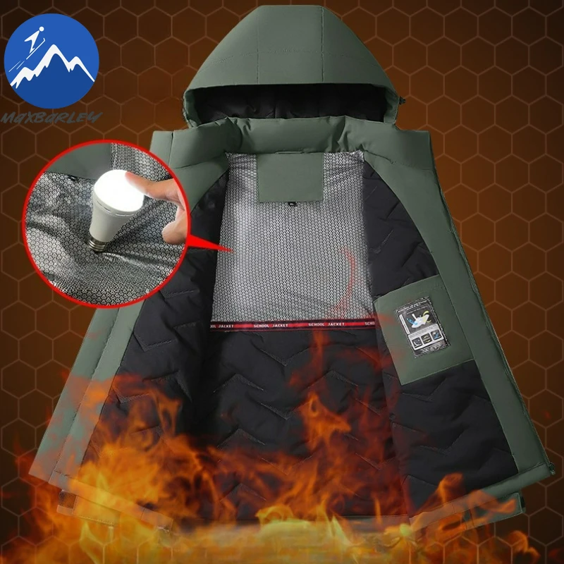 Maxbarley Mens Padded Jacket Warm Outdoor Adventure Thickened Windproof Parka Detachable Hood Cold Resistant Winter Zipper Coat