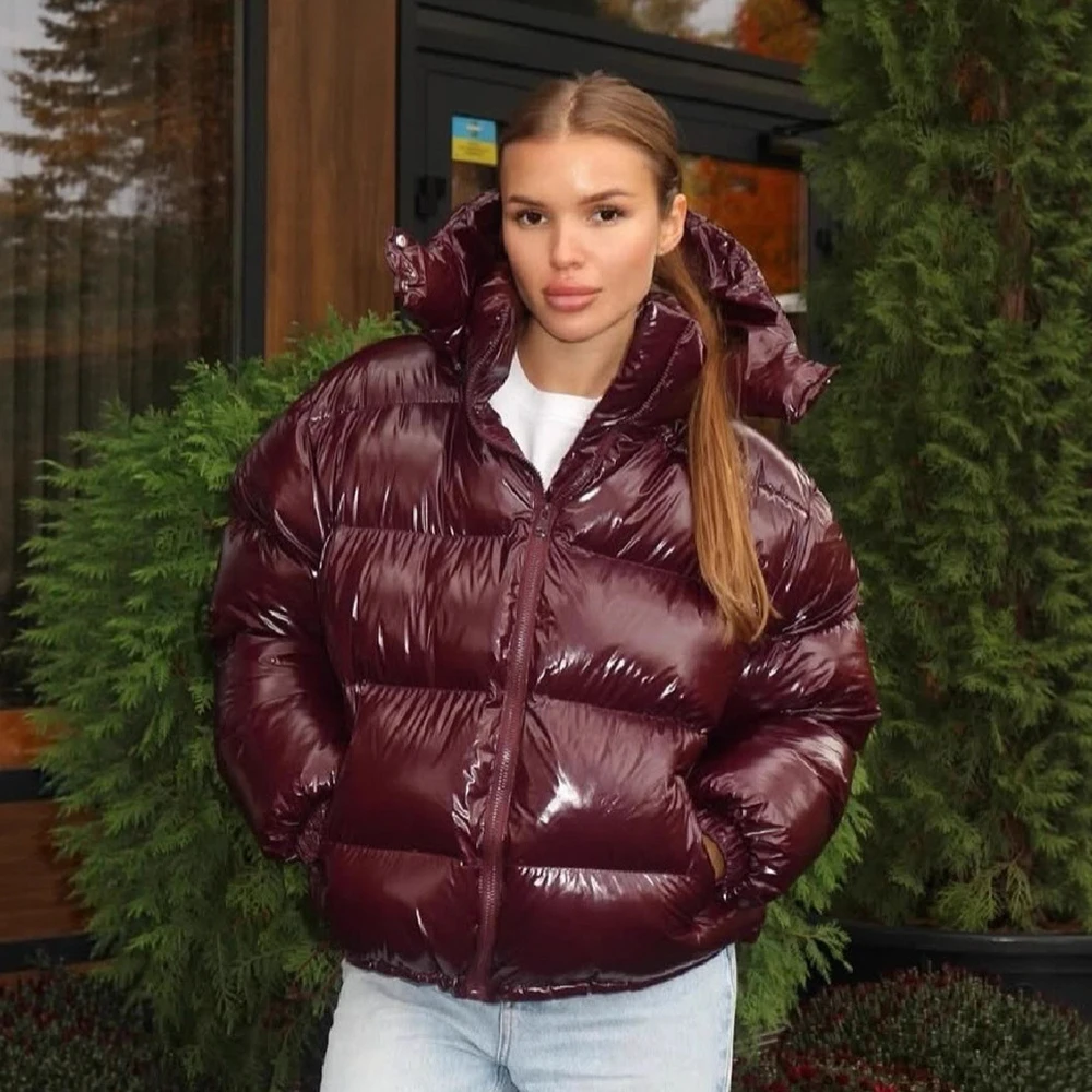

American Retro Glossy Cotton Jacket for Women Winter New Warm Hooded Quilted Coat Solid Color Casual Thickened Short Overcoat