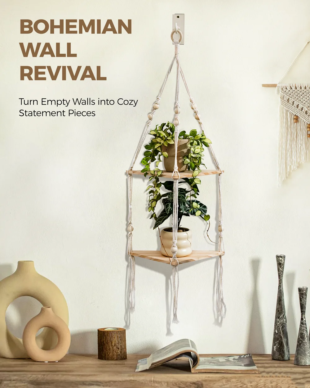 Bamworld ركن النبات الجرف داخلي جدار حامل النبات بوهو النبات حامل الخشب اليدوية المنسوجة حامل أرفف معلق ديكور غرفة المعيشة