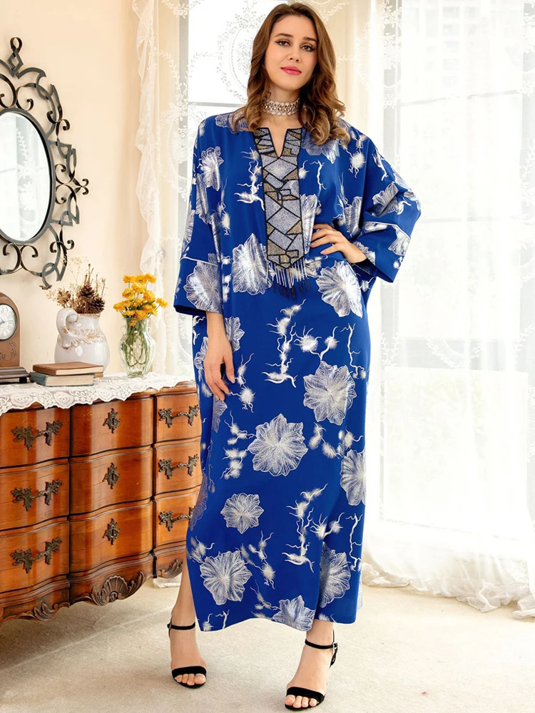 

Floral Stamping Moroccan Kaftan Beading Fringe Dubai Kuwaiti Jalabiya Women Party Evening Arabic Dress Batwing Sleeves Muslim