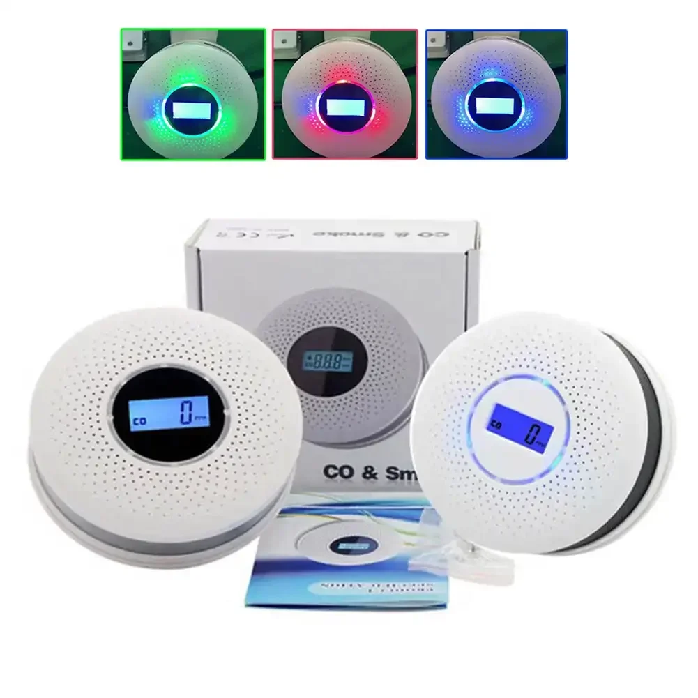 Detector de humo y monóxido de carbono, combinación de alarma de Sensor de CO de humo con indicador LED de 3 colores, alerta de sirena integrada