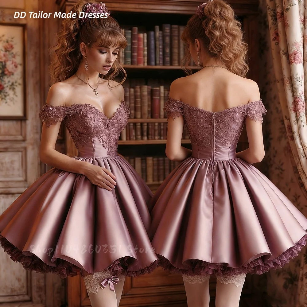 

Короткое бальное платье в стиле Лолита для выпускного вечера, с кружевными аппликациями, из атласа, с открытыми плечами, для дня рождения, вечернее, для выпускного вечера, для выпускного бала, на заказ