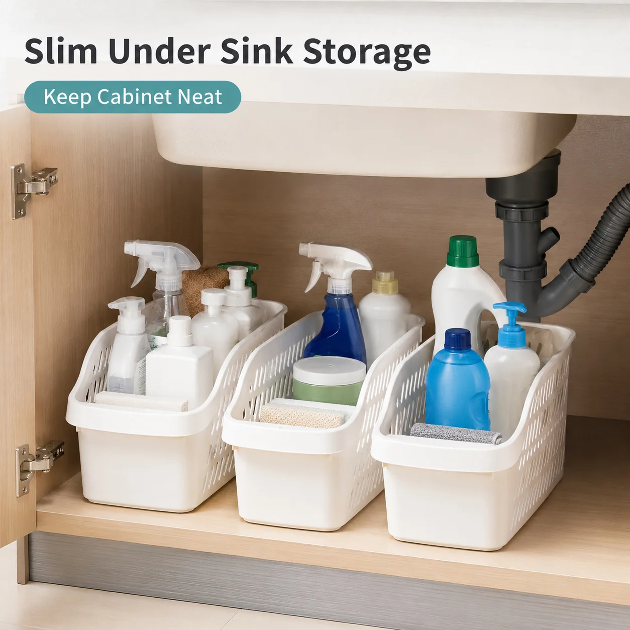 White Plastic Under Sink Storage Basket with Wheels Slim Pull Out Cabinet Organizer for Kitchen Bathroom Cleaning Supplies