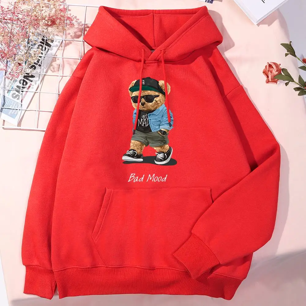 Get Mad Bad Mood Walking Silent Teddy Bear Male Hoodie Classic Pocket Streetwear Pocket Daily Tracksuit Soft Graphics Clothing