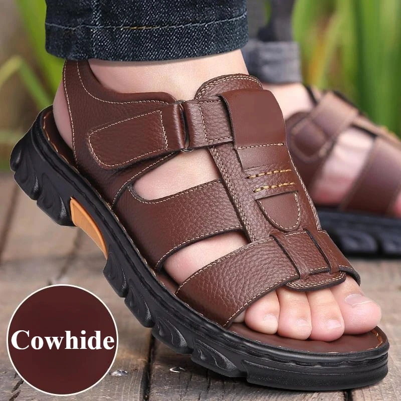 Luxury Men's Sandals High-Quality Cowhide Sandals Men Outdoor Non-Slip Thick Soled Beach Shoes Comfortable Soft Men Slippers New