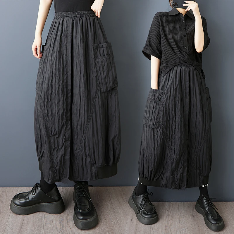

Spring Autumn k Sle Pleated A-Line Skirt Loose Fit with Big kets Pure Color Casual High Waist Polyester Cotton Blend