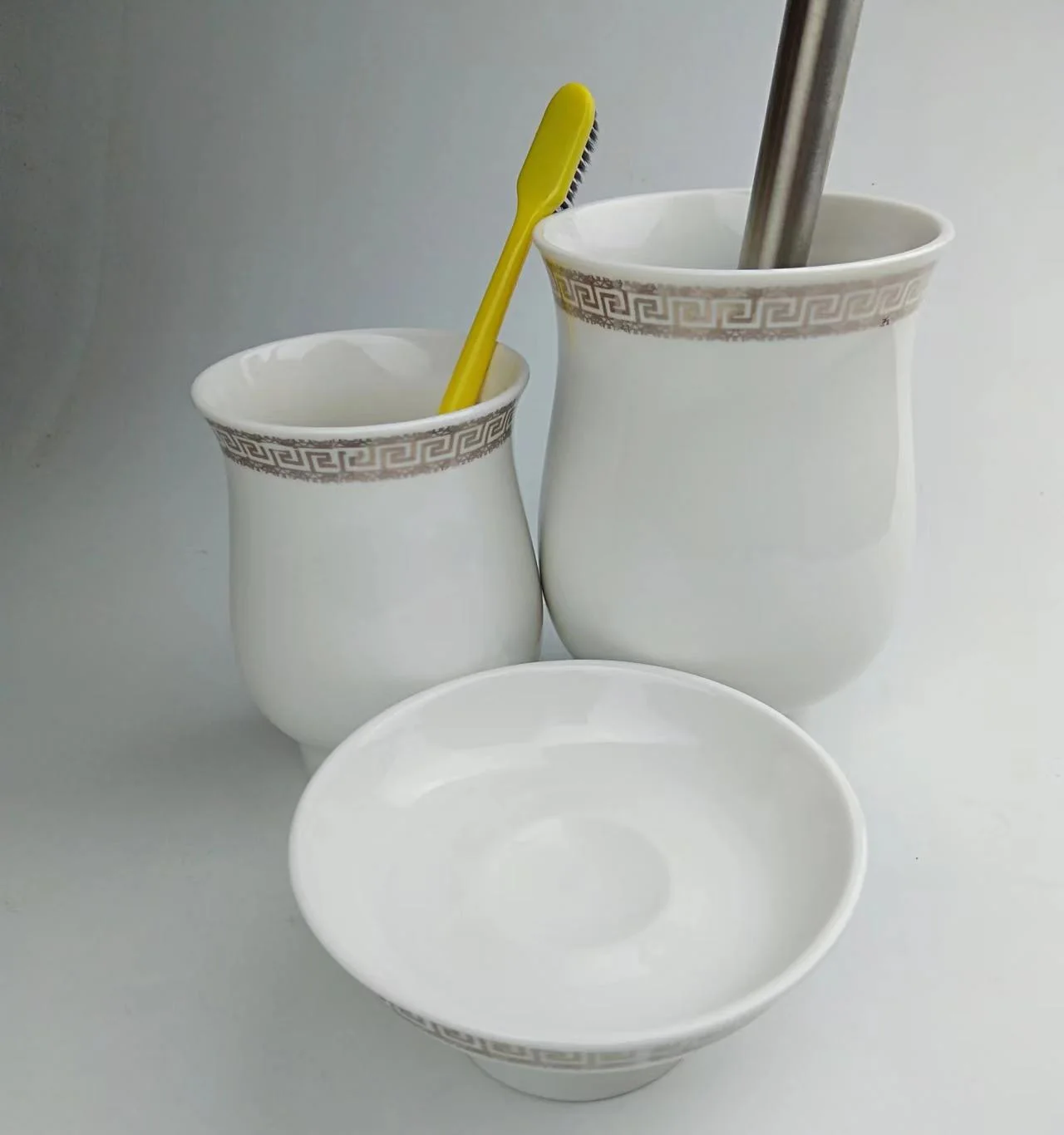 ceramic soap dish for bathroom, white toothbrush cup toilet brush holder liquid soap dispensor wall mounted