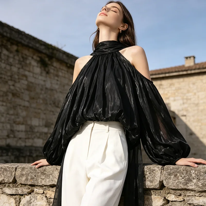 Fashionable Design Women's Shirt 2026 Autumn. New Style, Suspend Neck, Tie-up, Smart Fit, High-end, Off-shoulder Multifunctional