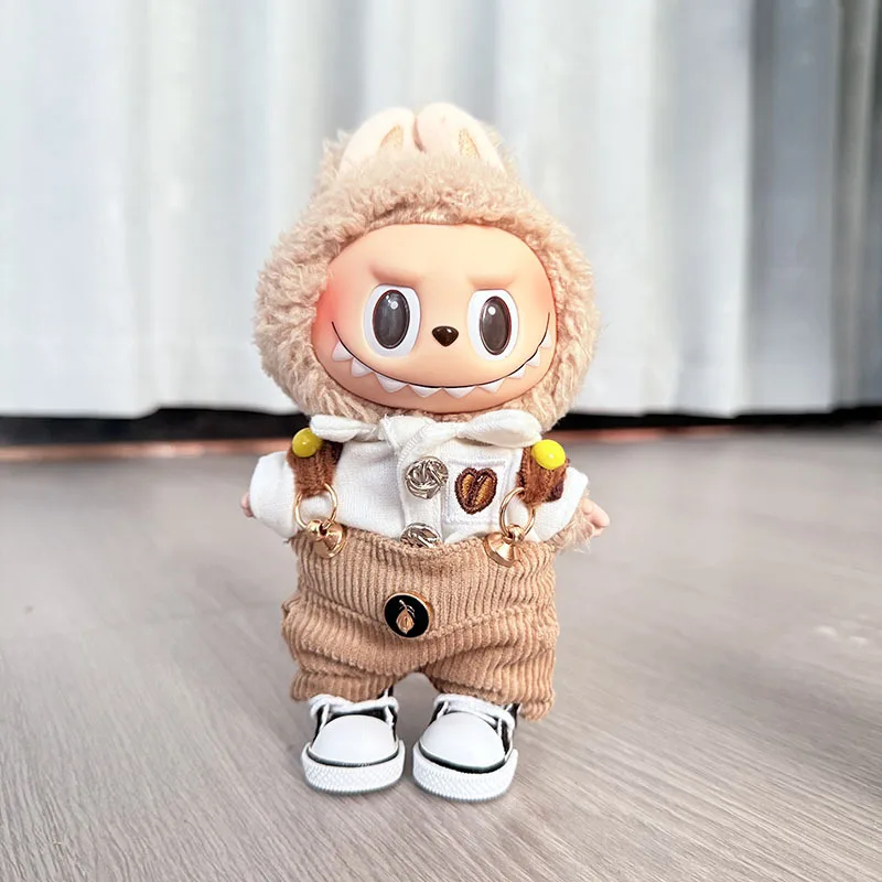 

Retro Style Labubu Doll Outfits Silver Button White Shirt Egg Yolk Strap Overalls Canvas Shoes Set For 15/17cm 1st-3rd Gen