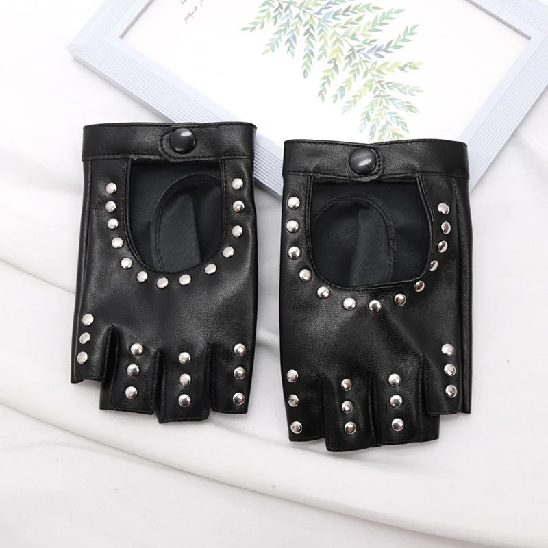 Black Gothic Rivets Fingerless Gloves Semi-Fingers Breathable Driving Men Women Pu Leather Punk Gloves Halloween Dance Gloves