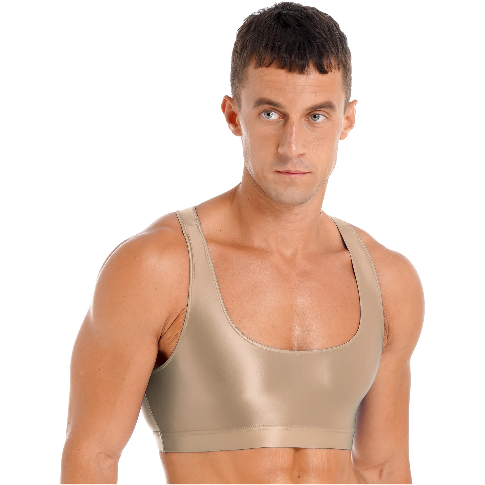 Mens Glossy U Neck Tank Tops Solid Color Bra Sleeveless Crop Top Vest For Sport Fitness Yoga Daily Chic.