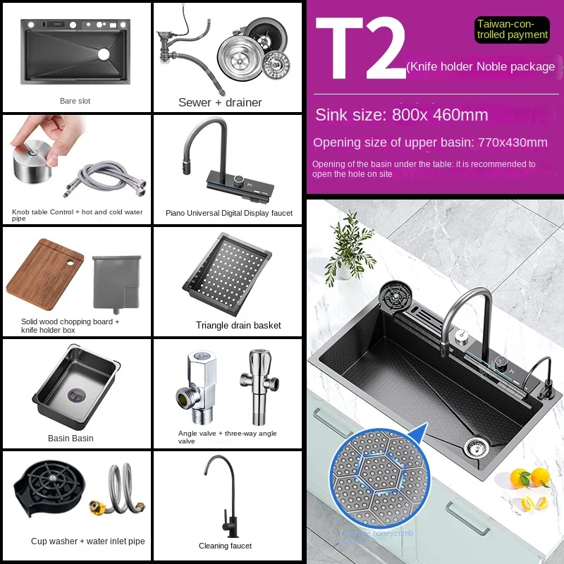Wastafel dapur baja tahan karat, wastafel dapur timbul Slot tunggal besar multifungsi dengan tampilan Digital
