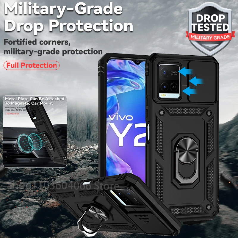 For VIVO Y21 Case Slide Camera Lens Protector Phone Case For VIVOY21 Y 21 Y33S 360 Magnetic Ring Holder Armor PC Hard Back Cover