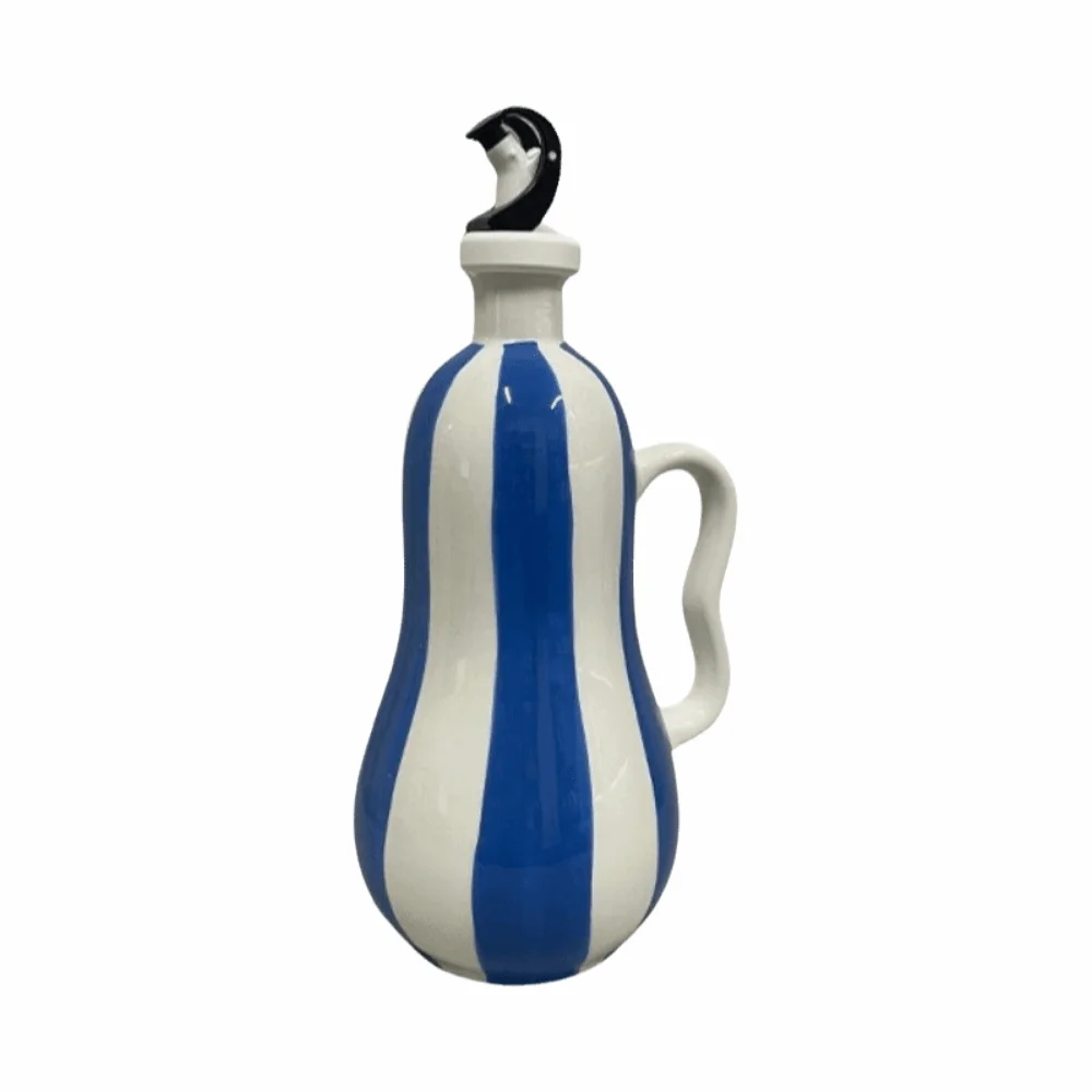 Striped Pattern Ceramic Oil Bottle Ergonomic Grip Painted Pattern Ceramic Seasoning Bottle with Handle Household Vinegar Can