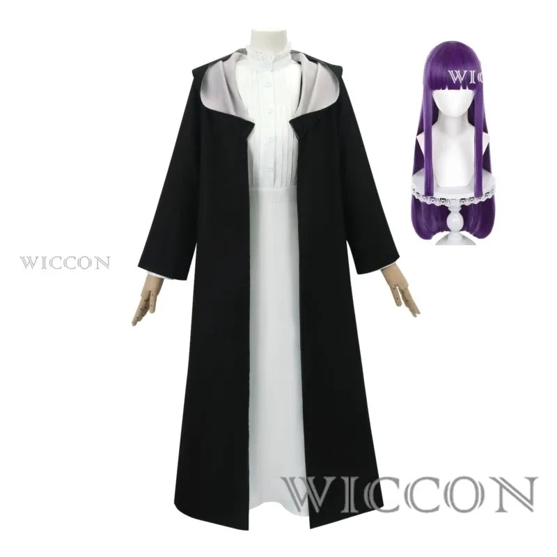 2025 yiyi anime frieren: além do fim da jornada samambaia cosplay traje branco vestido longo e robe preto peruca roxa headwear dia das bruxas