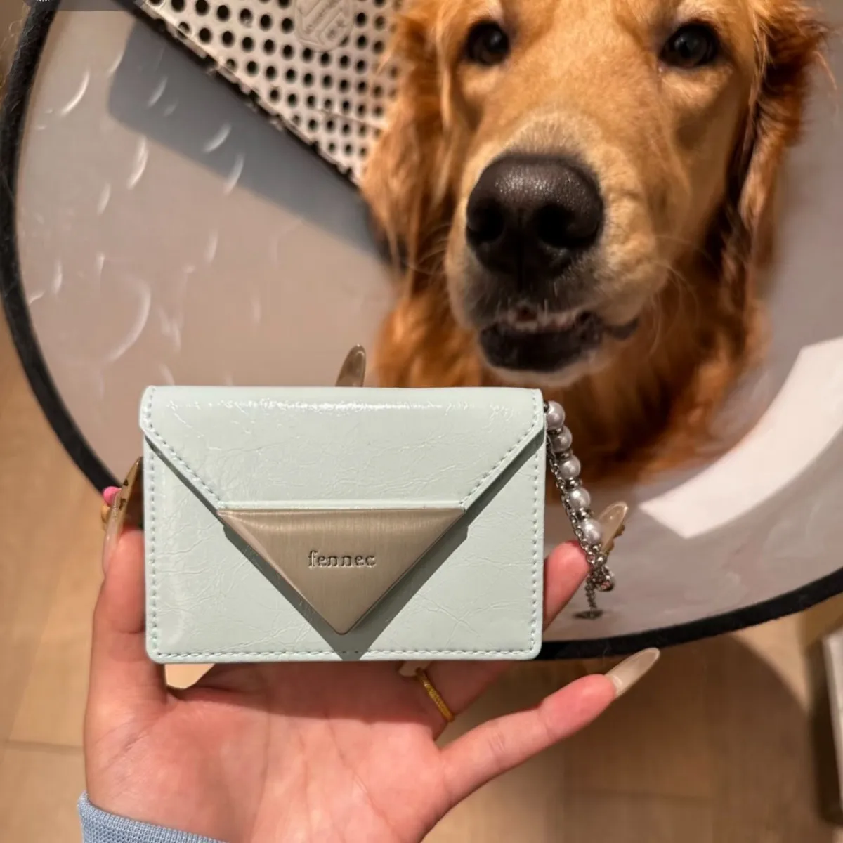 

South Korea Fennec Wallet Patent Leather Classic Triangle Logo Portable Tri-Fold Coin Purse ID Holder Card Case
