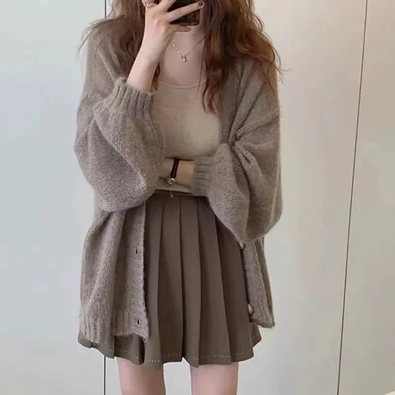 Women\'s Early Autumn Korean New V-neck Knitted Cardigan Commuting Fashionable Solid Sweater Versatile Casual Long Sleeved Coat