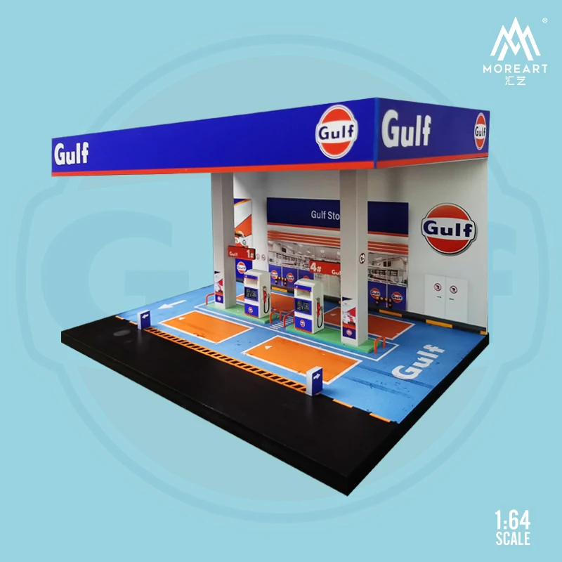 MoreArt 1/64 Car Model Scene Gulf Gas Station PVC Diorama Scene Storage Box Theme Display Cabinet Case Toy Gift (without car)