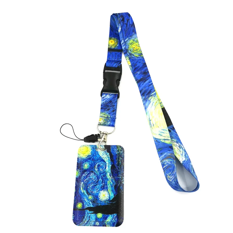 Van gogh Starry sky Painting Lanyard Credit Card ID Holder Bag Student Women Travel Card Cover Badge Car Keychain Accessories