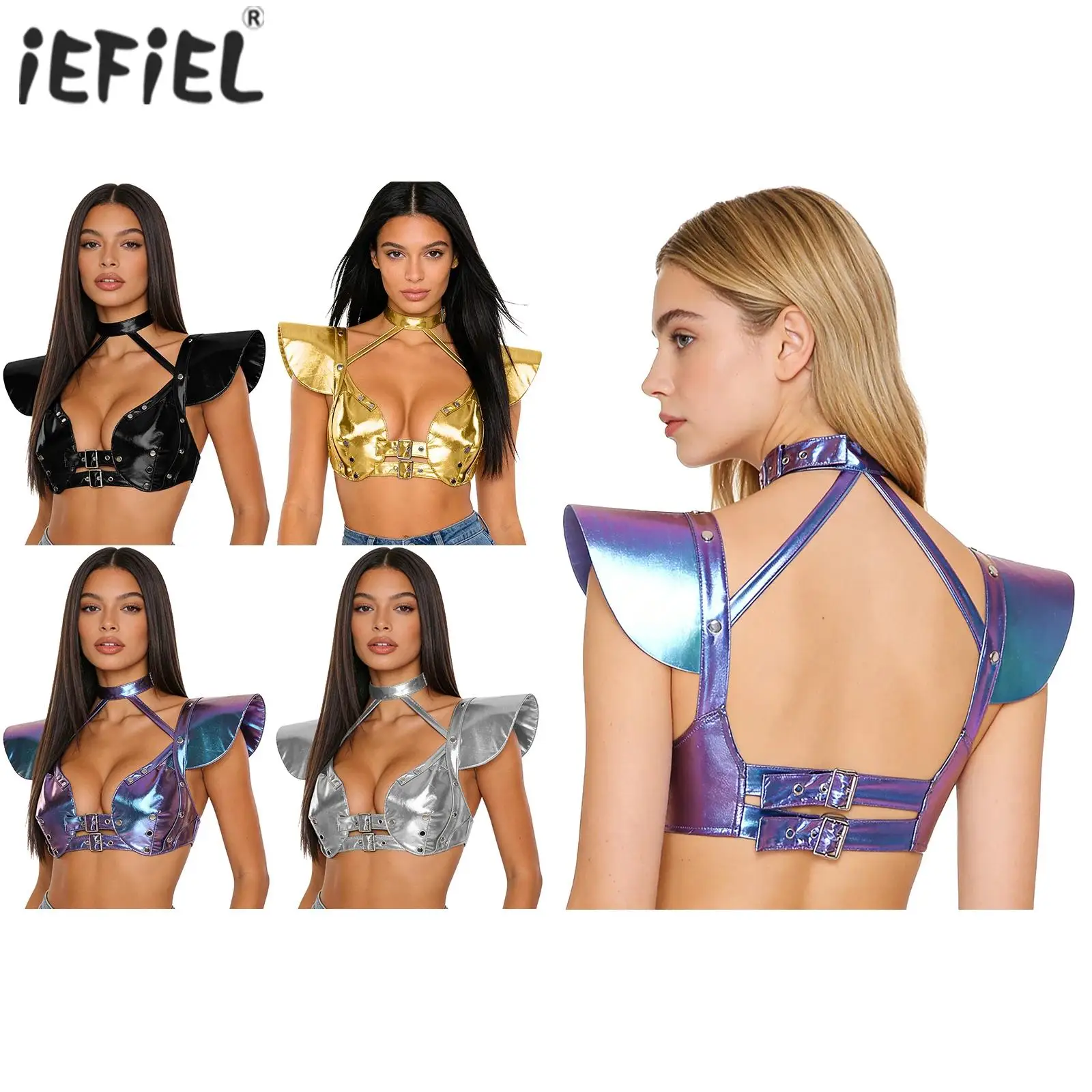 Womens Alien Astronaut Crop Top Armor Gothic Metallic Shiny Fly Sleeve Buckles Corset Bustiers Top Carnival Cosplay Costume