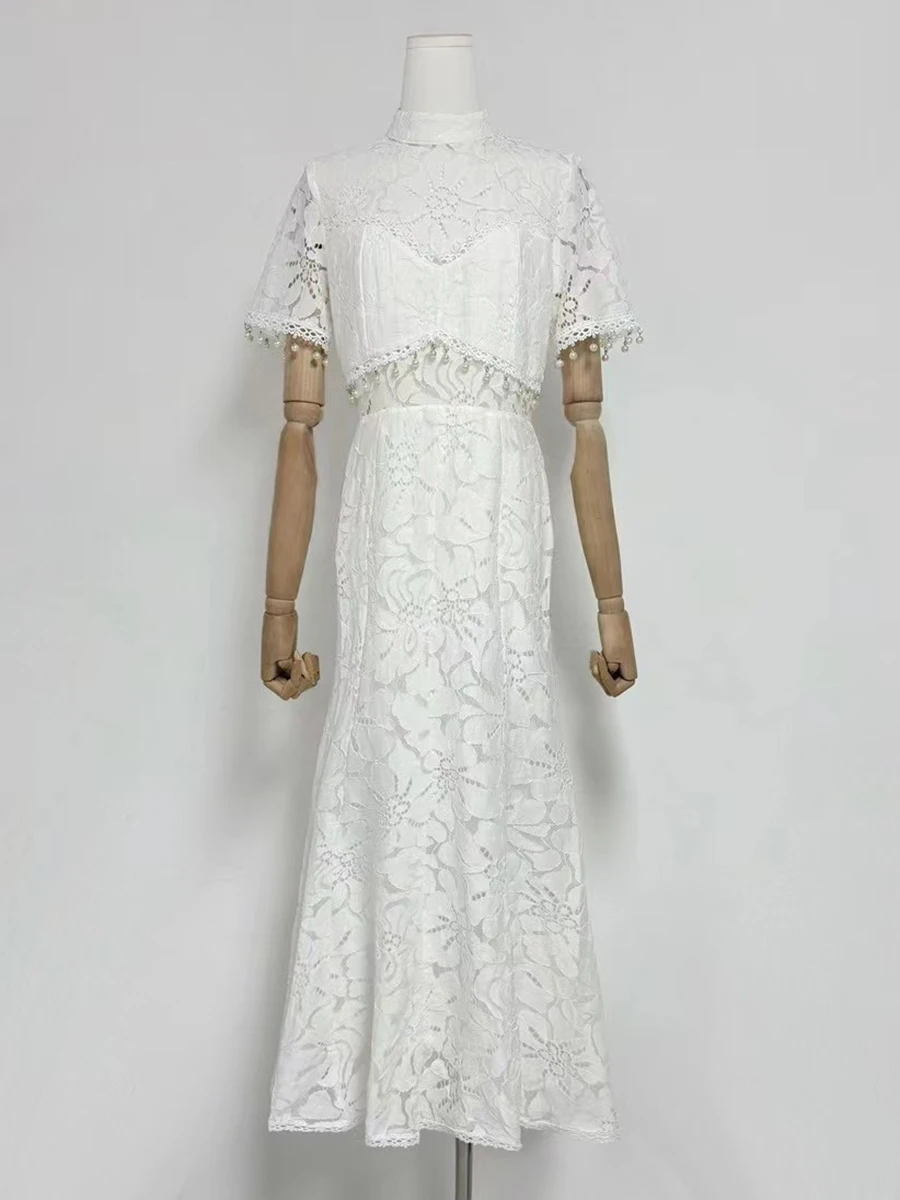 VGH Abito aderente con ricamo impiombato sexy per donna Colletto alla coreana Manica corta Vita alta Patchwork Nappa Abiti trasparenti Donna