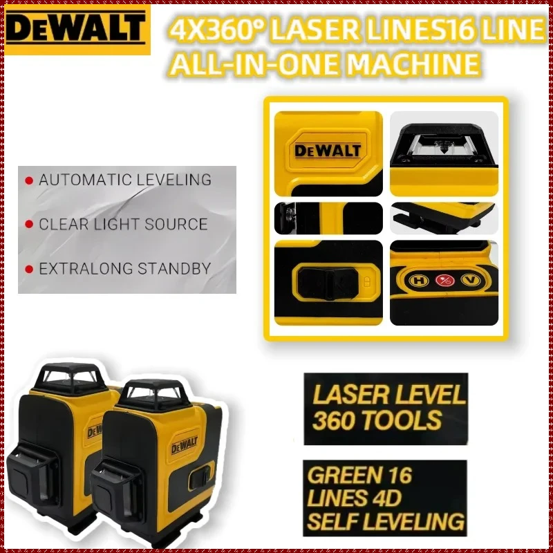 

Лазерный уровень Dewalt на 16 линий, 3 плоскости*360 градусов, вертикальный и горизонтальный, зеленый луч, 12В, перезаряжаемый, профессиональный
