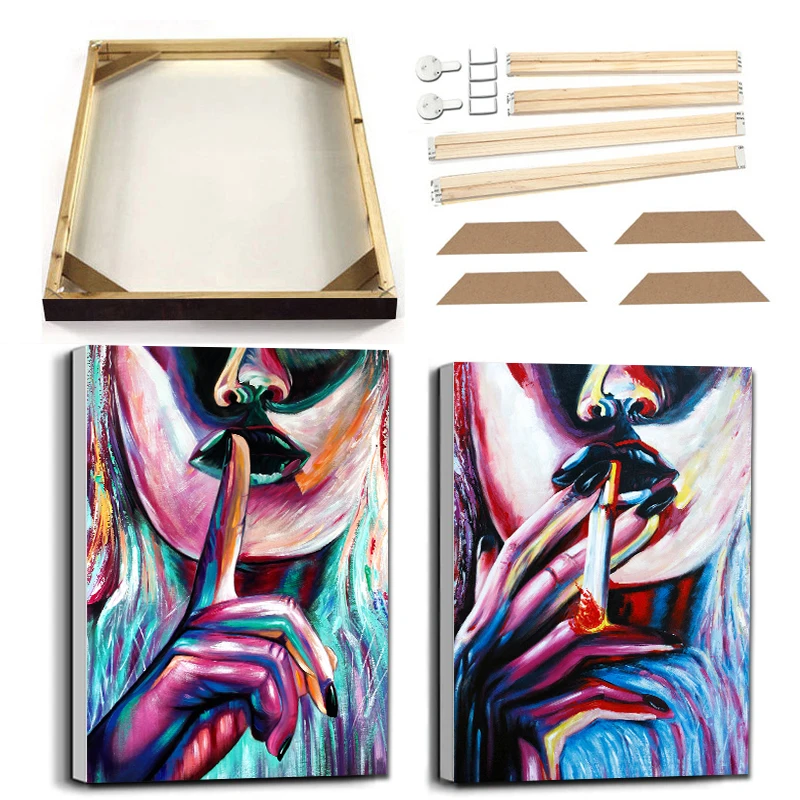 

Colorful Gold Smoking Woman Canvas Painting with Frame Modern Abstract Figure Wall Art Poster Prints Picture for Living Room