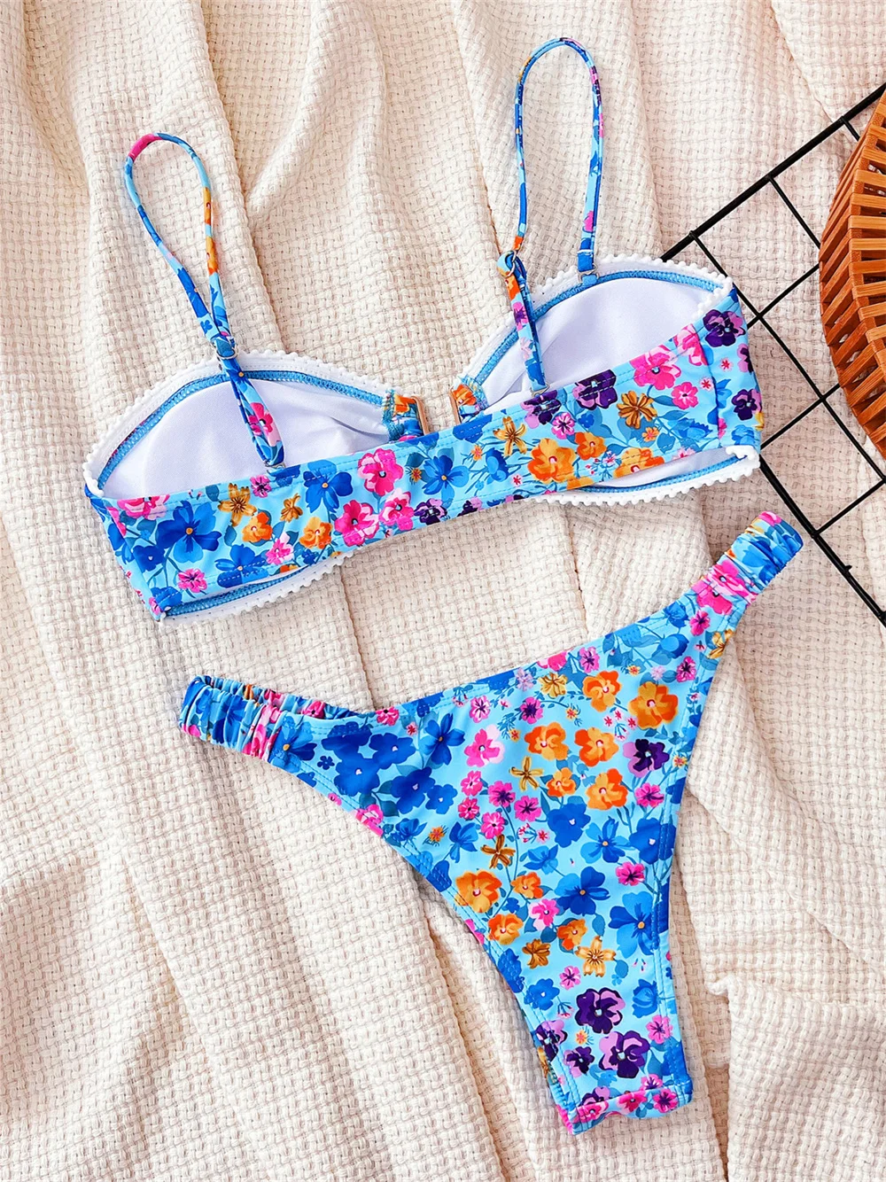 Cute Floral Bikini Bandeau Swimsuit Push Up Lace Trim Extrem Strap Swimwear Micro Tanga Women Beach Bathing Suit Vacation Outfit