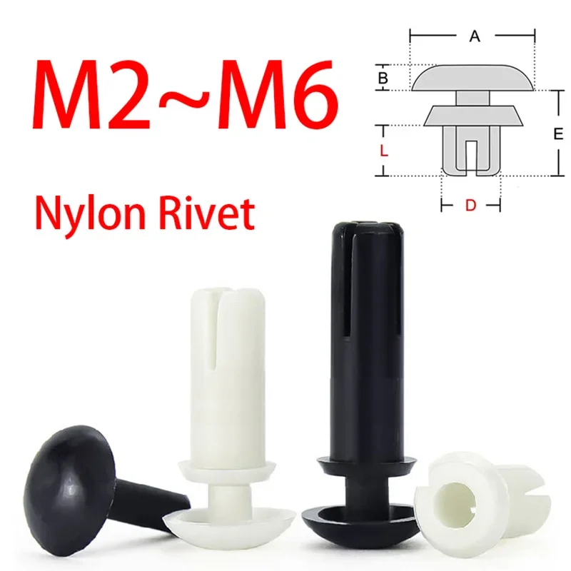 50pc R2/2.6/3/3.5/4/5/6mm Black White Nylon Plastic R-Type Expansion Rivet Clamp Screw Nut,PC Board Fixing Buckle Heat Resistant