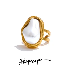 Yhpup Fashion Baroque Simulated Pearls Vintage Open Ring for Women Stainless Steel Golden Charm Finger Jewellery Wholesale