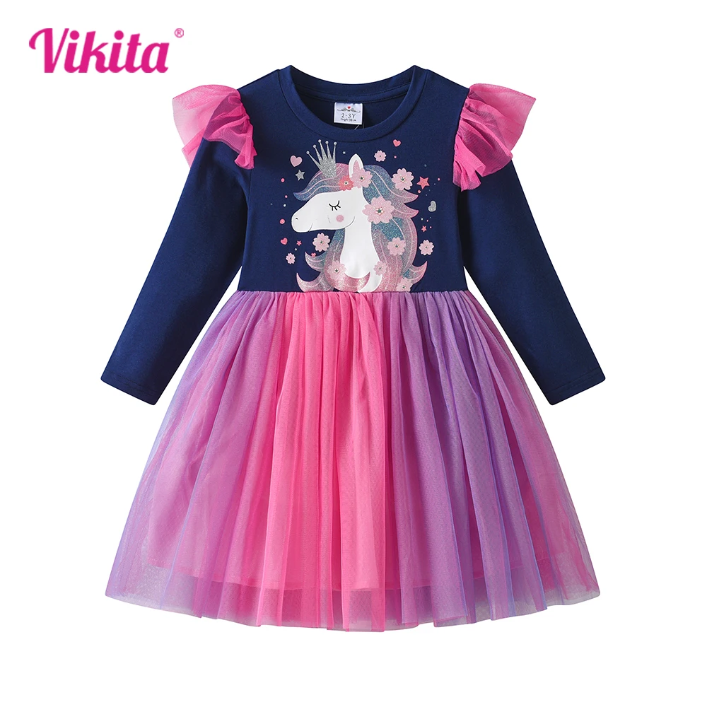 VIKITA Girls Licorne Flower Print Cartoon Dress Kids Autumn Spring Flare Sleeve Patchwork Princess Dresses Children Clothing