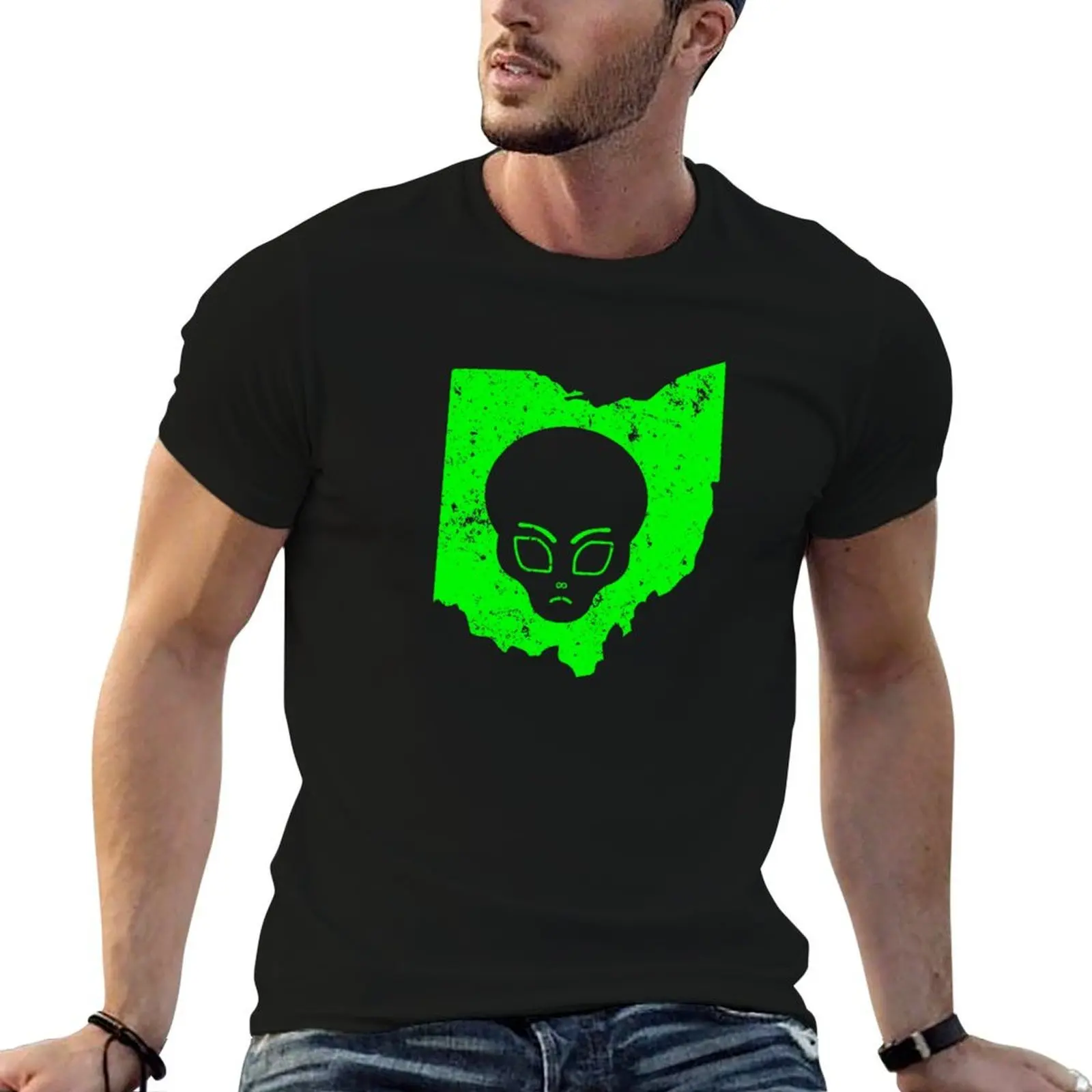 UFO Conspiracy Design Green Alien Ohio Cute Alien T-Shirt funny gifts cheap stuff heavy weight t shirts for men