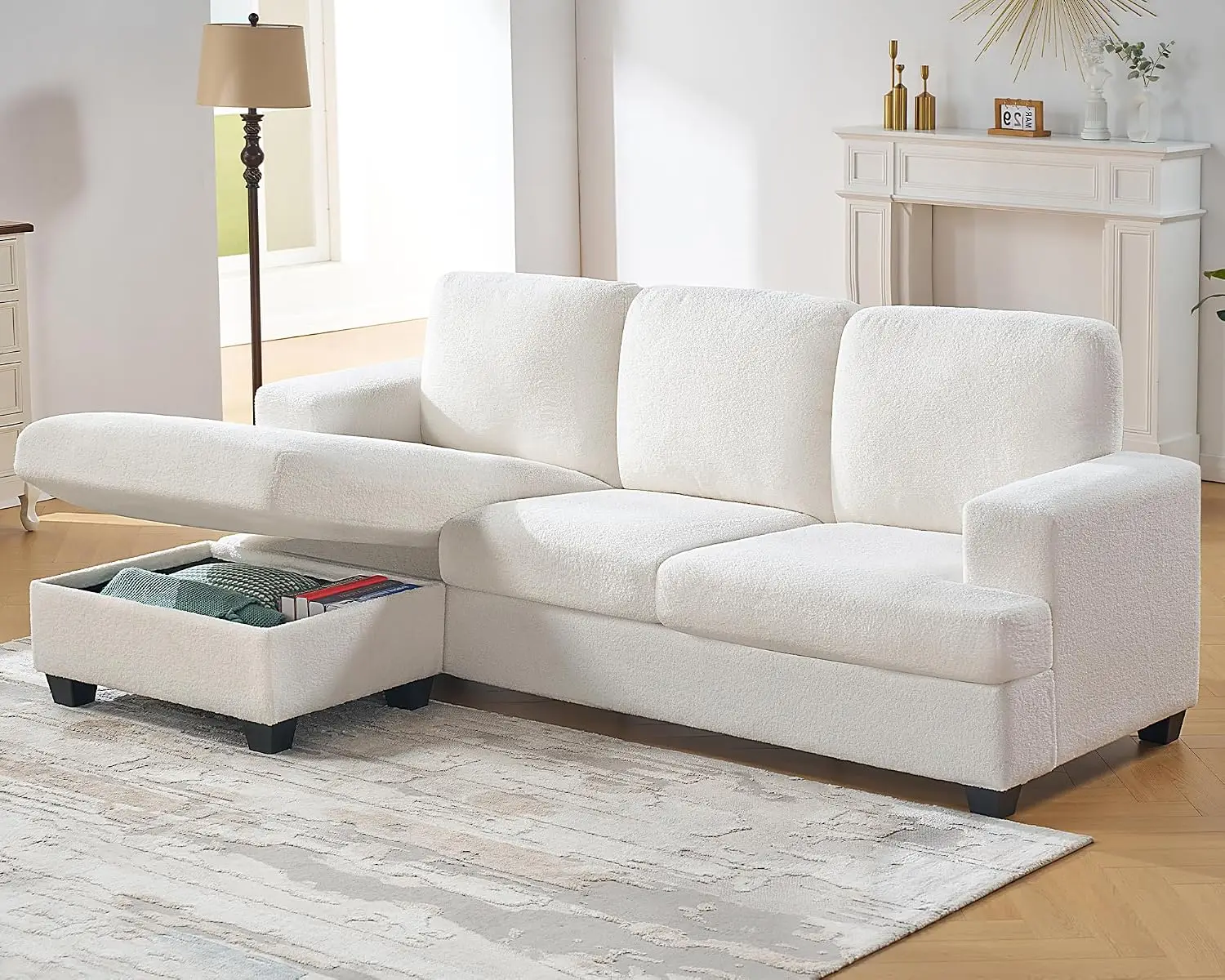 88 Inch Reversible L Shape Sofa With Storage Chaise Comfy Living Room White Bouclé, Customized
