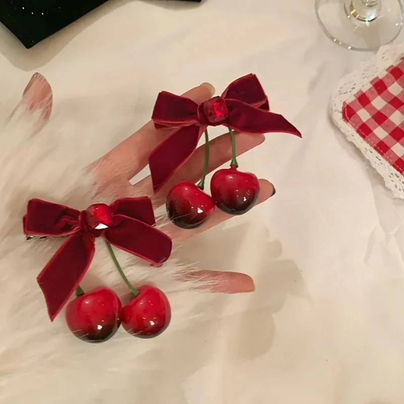 

2Pcs Korean Sweet Cherry Bow Hair Clips Ribbon Bow With Red Cherries Hairpin Durable Hair Accessories Women Festive Hairpiece