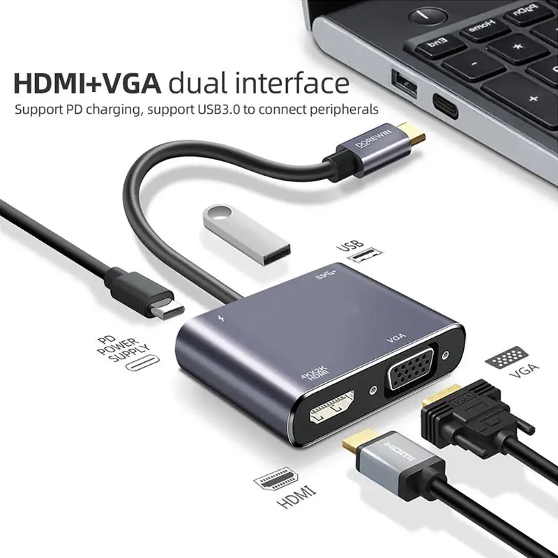 Type-C 4-in-1 Docking Station USB VGA DP HDMI Converter 4K HD Docking Station